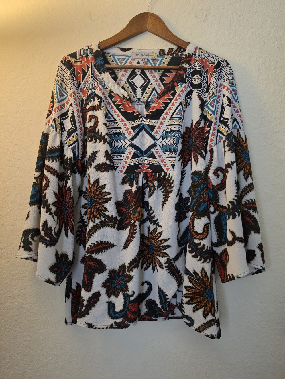 Figueroa & Flower Tunic Top Womens Large Off White Multicolor Floral Southwest